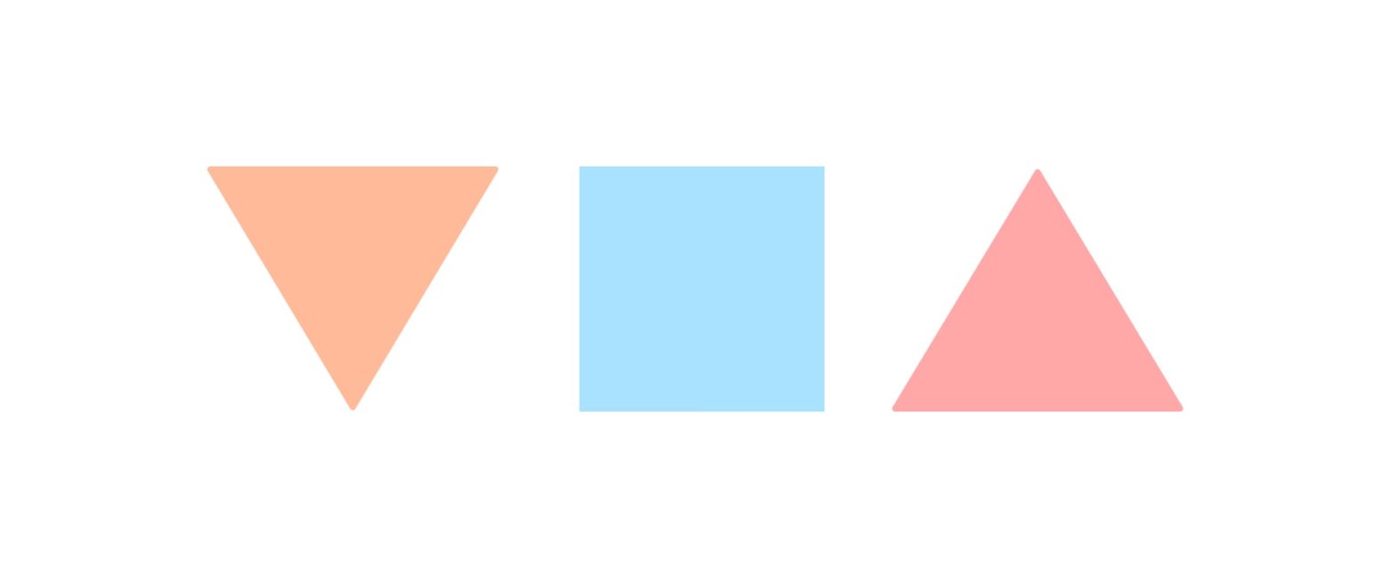 orange inverted triangle, blue square, red triangle all in a line.