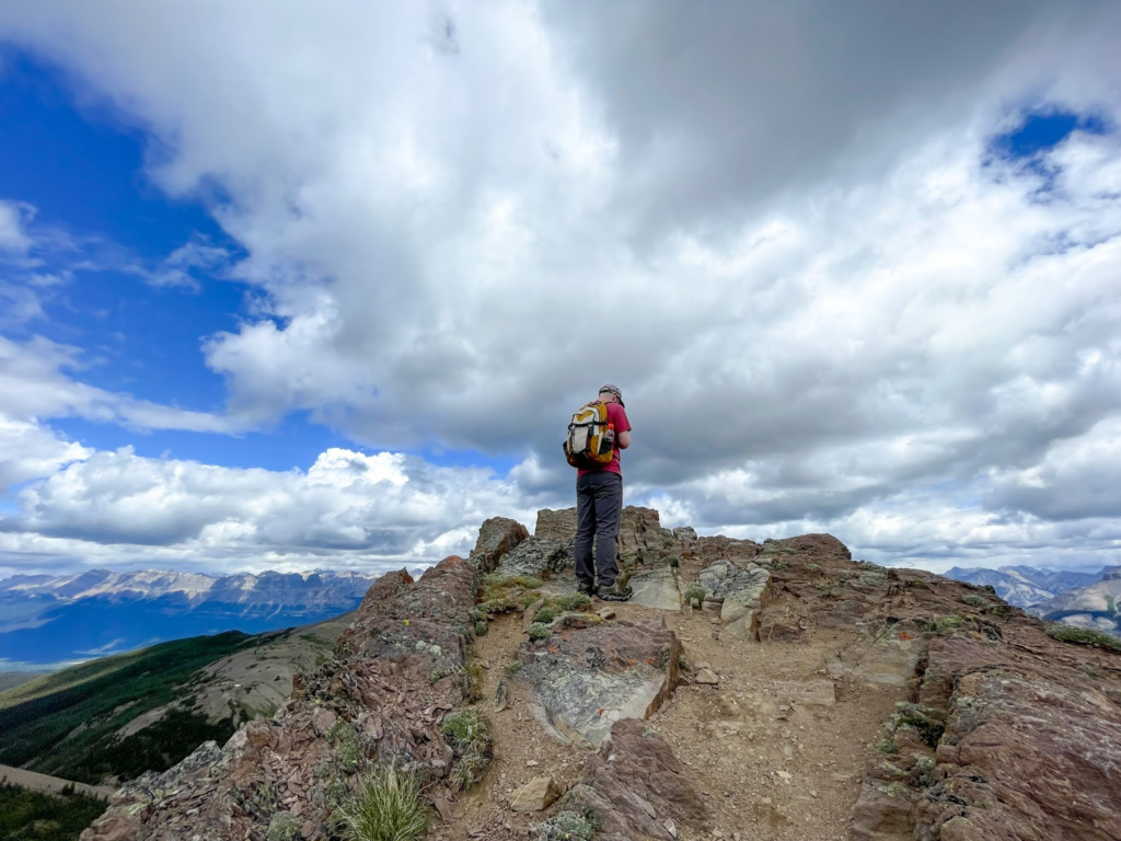 Guy looking away from the camera on top of brown rocky plateau. Distant mountains in the background.