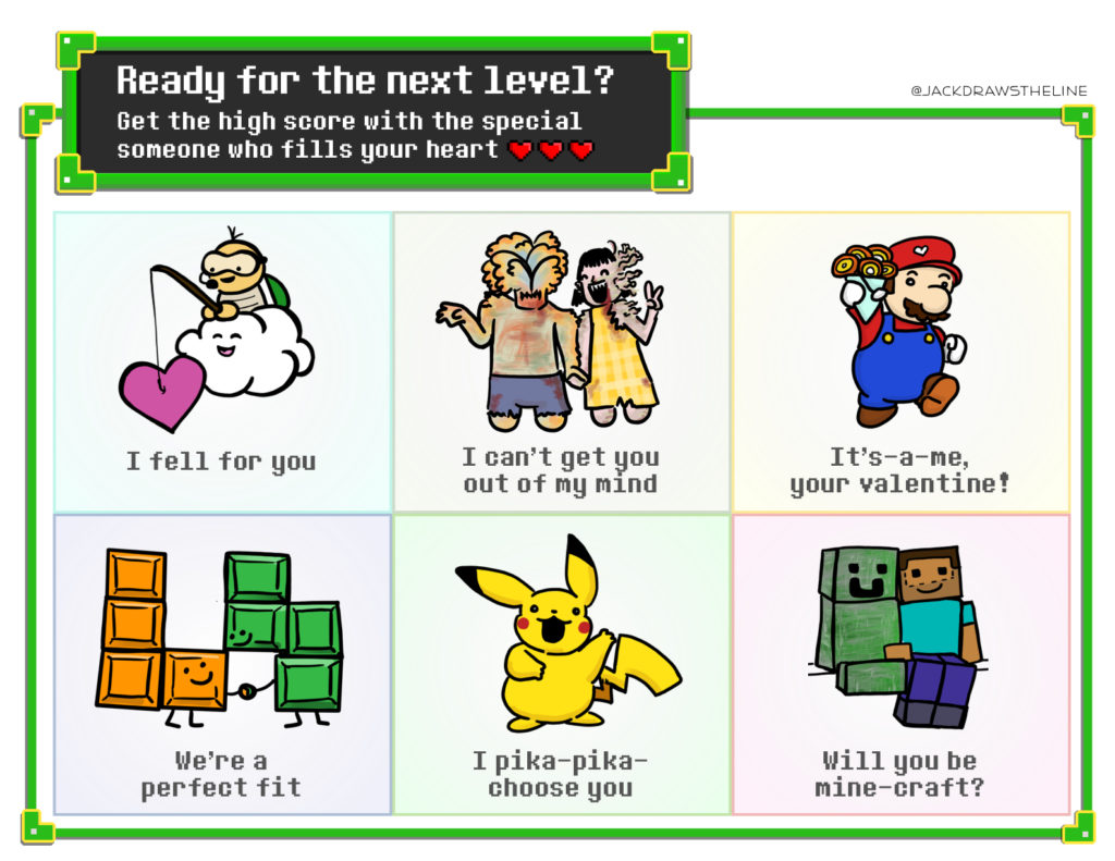 6 valentines day cards with the title "ready for the next level, Get the high score for the special someone who fills your heart" in 8-bit styling.